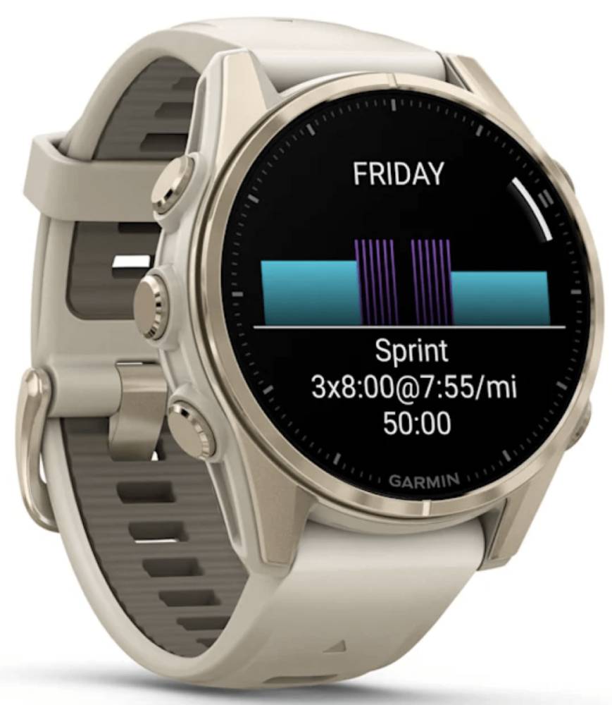 Garmin Fenix 8 Amoled Sapphire 43мм Золотые с серым силиконовым ремешком